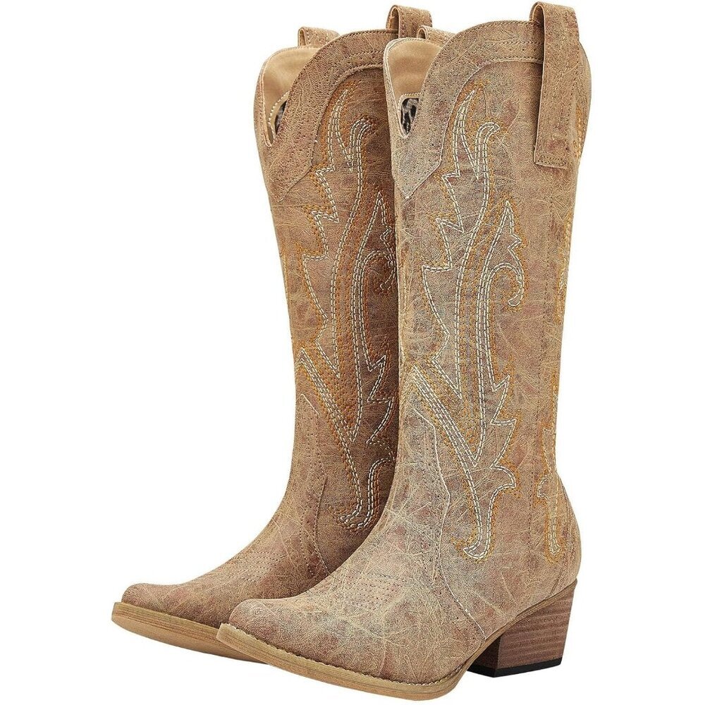 Ⓜ️Women's Tan Pointed Toe Stitched Embroidery Mid Heel Traveling Cowgirl Boot